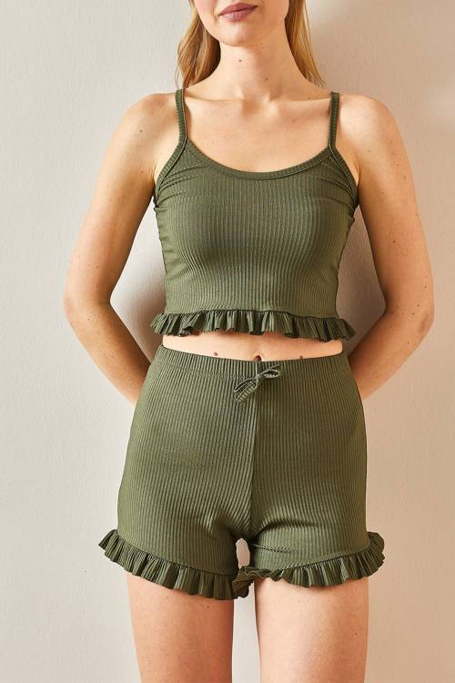 Haki İp Askılı Fırfırlı Pijama Takımı 0YXK8-43755-09 - 1
