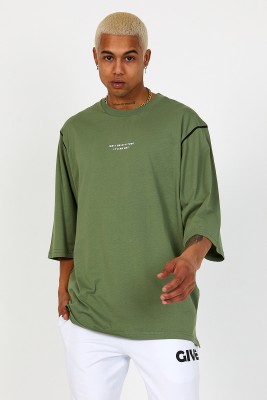 Haki Oversize Reglan Kol Yazılı Tişört 2YXE2-46287-09 - 1