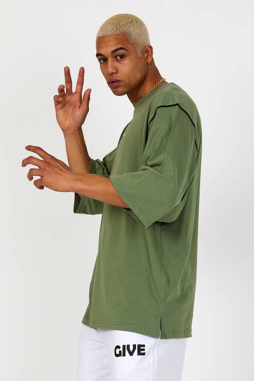 Haki Oversize Reglan Kol Yazılı Tişört 2YXE2-46287-09 - 2