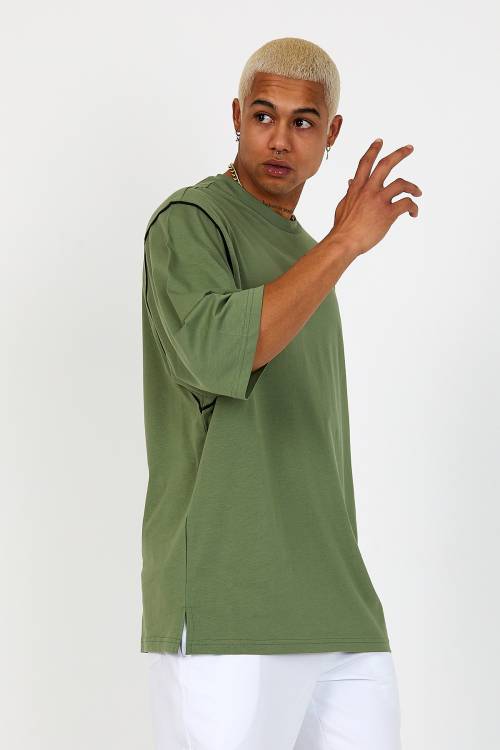 Haki Oversize Reglan Kol Yazılı Tişört 2YXE2-46287-09 - 3