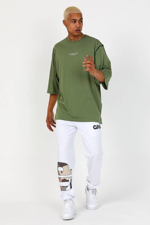 Haki Oversize Reglan Kol Yazılı Tişört 2YXE2-46287-09 - 4