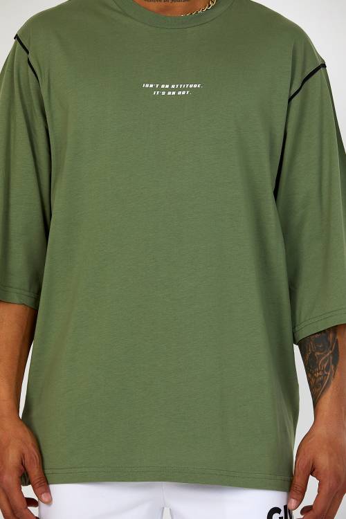 Haki Oversize Reglan Kol Yazılı Tişört 2YXE2-46287-09 - 5