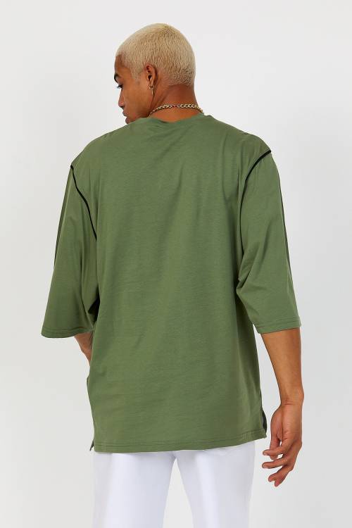 Haki Oversize Reglan Kol Yazılı Tişört 2YXE2-46287-09 - 6