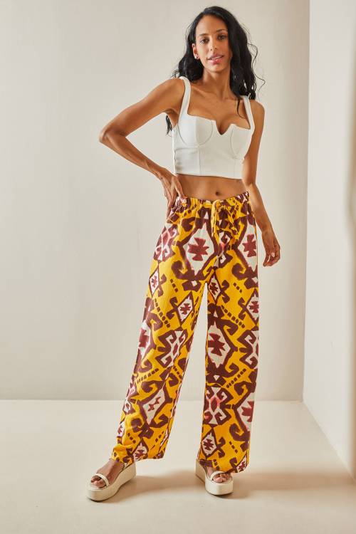 Hardal Sarısı Desenli Salaş Pantolon 3YXK5-47413-37 - 2