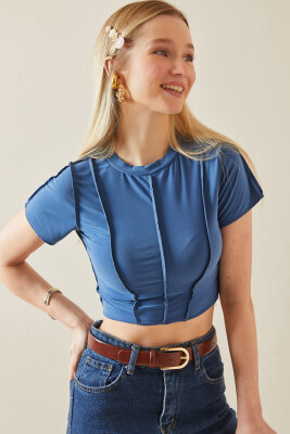 İndigo Bisiklet Yaka Likralı Crop Basic Bluz 5YXK2-48069-27 - 2