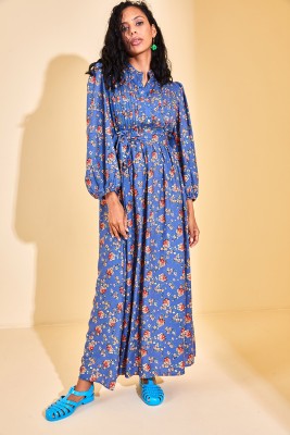 İndigo Yaka Detaylı Çiçekli Maxi Elbise 3KXK6-46866-27 - 3