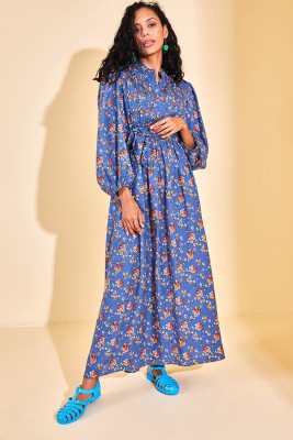 İndigo Yaka Detaylı Çiçekli Maxi Elbise 3KXK6-46866-27 - 6