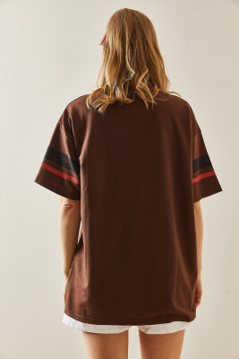 Kahverengi Baskılı Bisiklet Yaka Oversize Tişört 5YXK1-48005-18 - 6