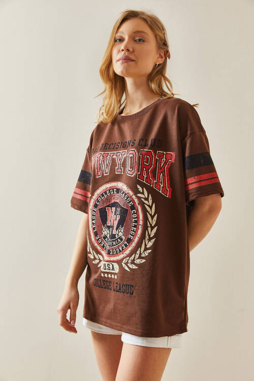 Kahverengi Baskılı Bisiklet Yaka Oversize Tişört 5YXK1-48006-18 - 5
