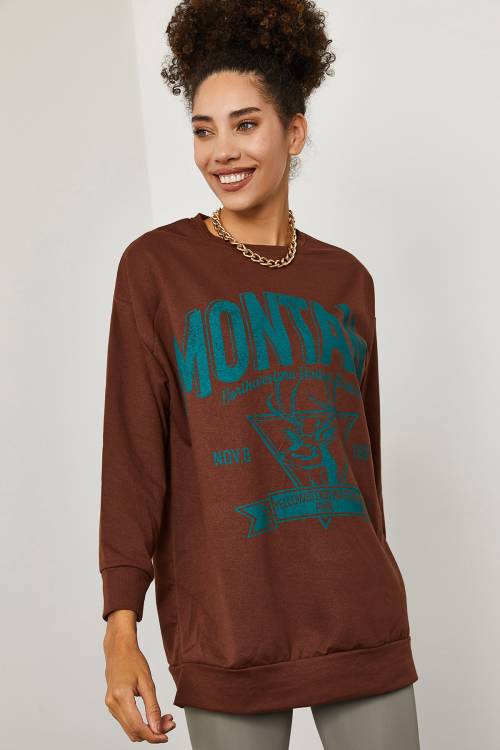 Kahverengi Baskılı Detaylı Kapüşonlü Sweatshirt 3YXK8-47143-18 - 1