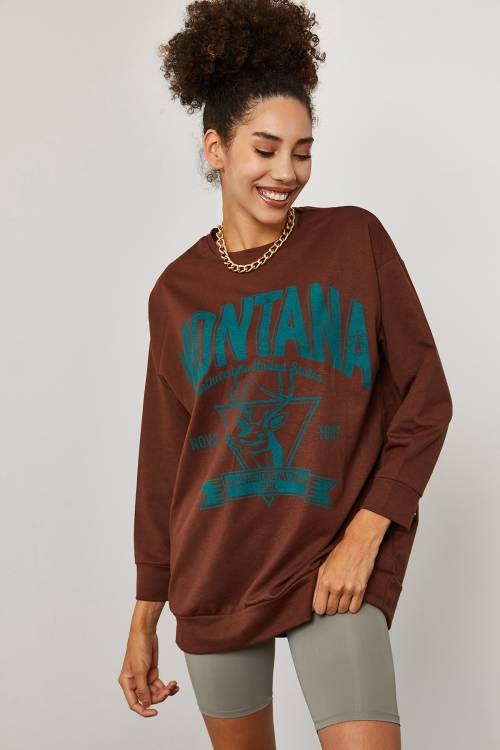 Kahverengi Baskılı Detaylı Kapüşonlü Sweatshirt 3YXK8-47143-18 - 3