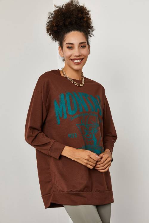 Kahverengi Baskılı Detaylı Kapüşonlü Sweatshirt 3YXK8-47143-18 - 6