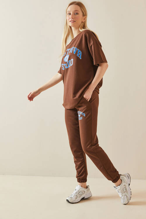 Kahverengi Baskılı Oversize Eşofman Takımı 5YXK8-48086-18 - 3