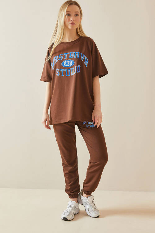 Kahverengi Baskılı Oversize Eşofman Takımı 5YXK8-48086-18 - 5