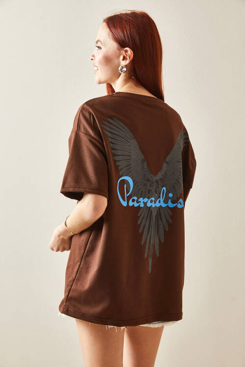 Kahverengi Bisiklet Yaka Arkası Baskılı Oversize Tişört 5YXK1-48210-18 - 6