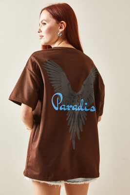 Kahverengi Bisiklet Yaka Arkası Baskılı Oversize Tişört 5YXK1-48210-18 - 3