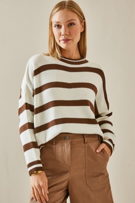 Kahverengi Bisiklet Yaka Çizgili Crop Kazak 4KXK3-47589-18 - 3