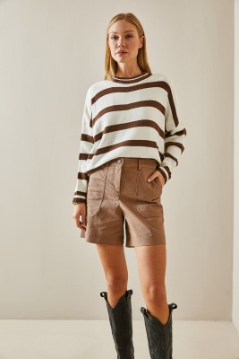Kahverengi Bisiklet Yaka Çizgili Crop Kazak 4KXK3-47589-18 - 5
