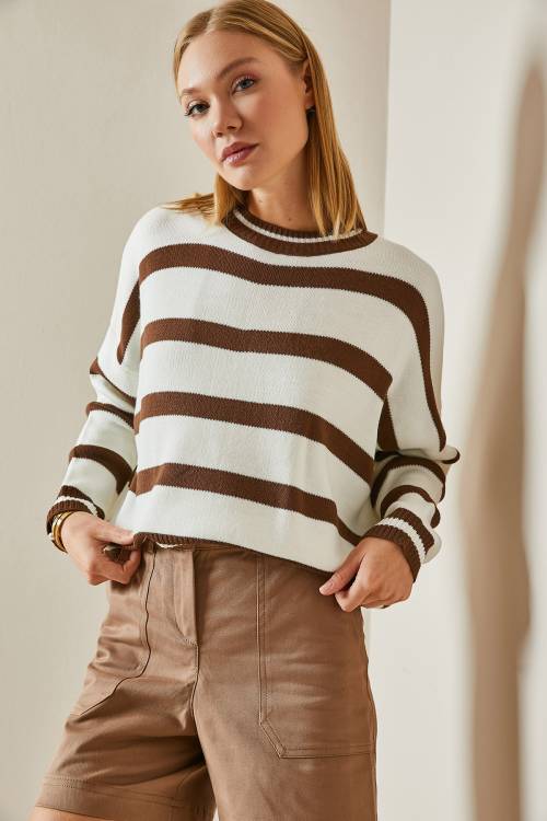 Kahverengi Bisiklet Yaka Çizgili Crop Kazak 4KXK3-47589-18 - 6