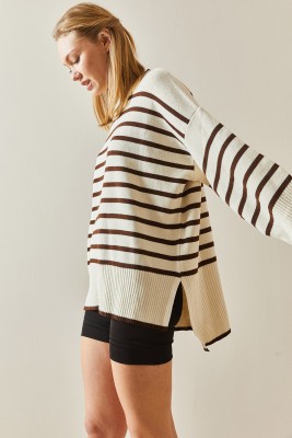 Kahverengi Bisiklet Yaka Çizgili Oversize Kazak 3YXK3-47534-18 - 4
