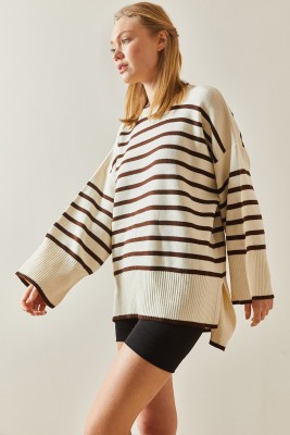 Kahverengi Bisiklet Yaka Çizgili Oversize Kazak 3YXK3-47534-18 - 5