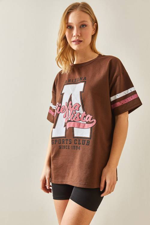 Kahverengi Bisiklet Yaka Önü Baskılı Oversize Tişört 4KXK1-47926-18 - 3