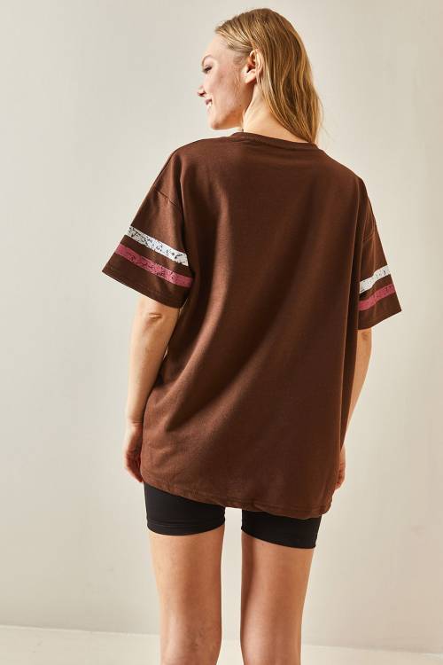 Kahverengi Bisiklet Yaka Önü Baskılı Oversize Tişört 4KXK1-47926-18 - 6