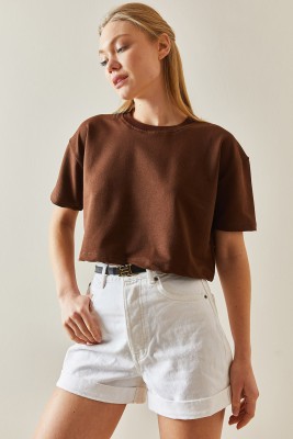 Kahverengi Bisiklet Yaka Oversize Crop Tişört 4KXK1-47899-18 