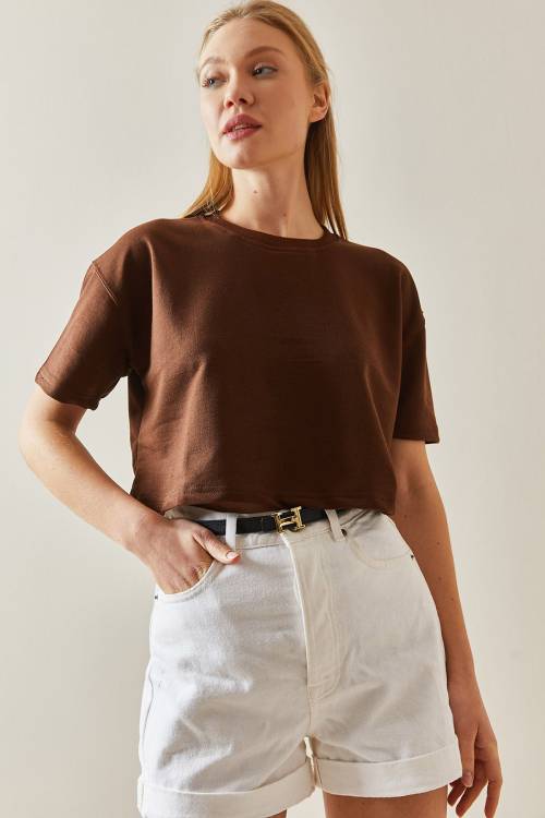 Kahverengi Bisiklet Yaka Oversize Crop Tişört 4KXK1-47899-18 - 3