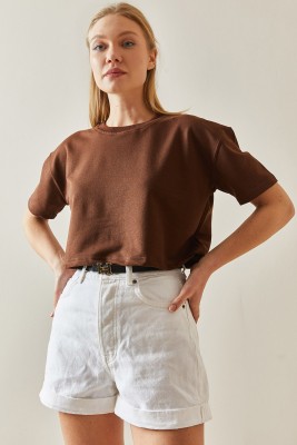 Kahverengi Bisiklet Yaka Oversize Crop Tişört 4KXK1-47899-18 - 4
