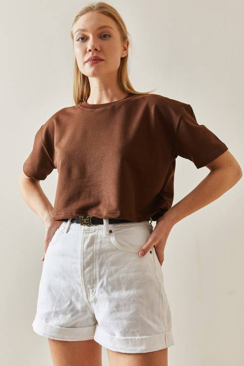 Kahverengi Bisiklet Yaka Oversize Crop Tişört 4KXK1-47899-18 - 4