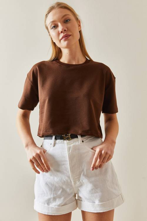 Kahverengi Bisiklet Yaka Oversize Crop Tişört 4KXK1-47899-18 - 5