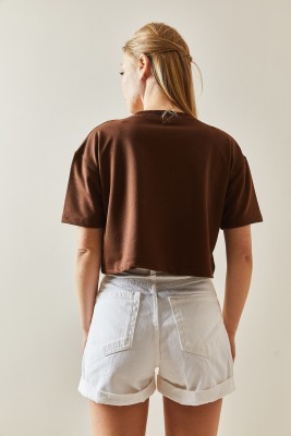 Kahverengi Bisiklet Yaka Oversize Crop Tişört 4KXK1-47899-18 - 6