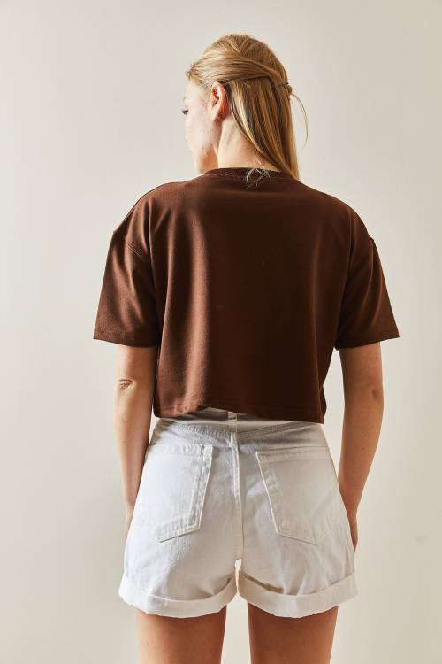 Kahverengi Bisiklet Yaka Oversize Crop Tişört 4KXK1-47899-18 - 6