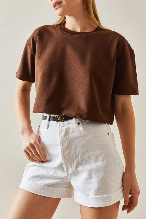 Kahverengi Bisiklet Yaka Oversize Crop Tişört 4KXK1-47899-18 - 1