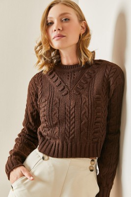 Kahverengi Delikli Crop Kazak 3YXK3-47506-18 - 2