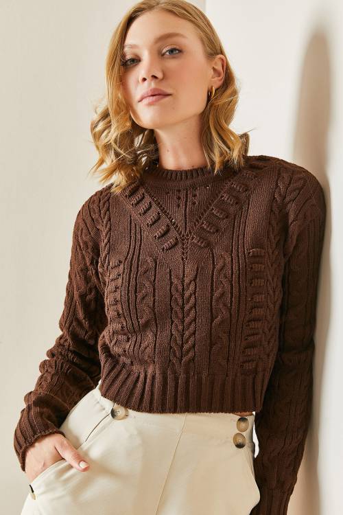Kahverengi Delikli Crop Kazak 3YXK3-47506-18 - 2