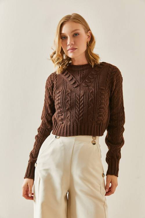 Kahverengi Delikli Crop Kazak 3YXK3-47506-18 - 3