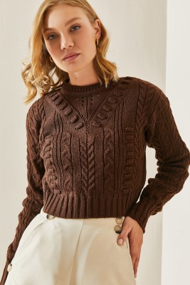 Kahverengi Delikli Crop Kazak 3YXK3-47506-18 - 5
