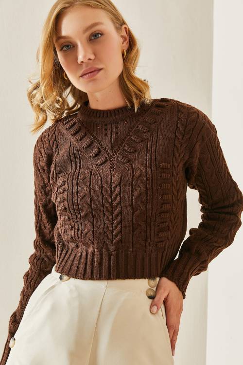 Kahverengi Delikli Crop Kazak 3YXK3-47506-18 - 5
