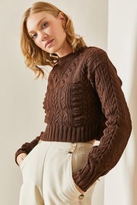 Kahverengi Delikli Crop Kazak 3YXK3-47506-18 - 6