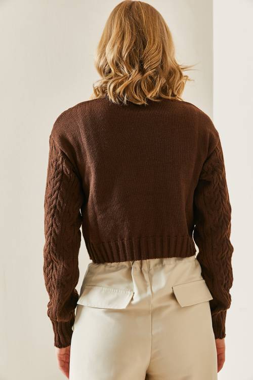 Kahverengi Delikli Crop Kazak 3YXK3-47506-18 - 7