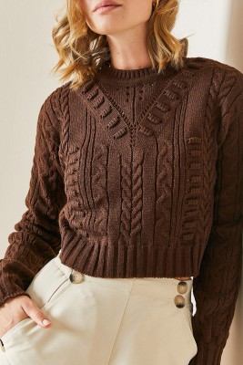 Kahverengi Delikli Crop Kazak 3YXK3-47506-18 