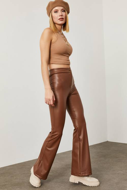 Kahverengi Deri İspanyol Paça Pantolon 2KXK5-45581-18 - 5