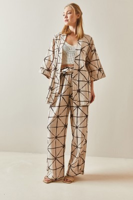 Kahverengi Desenli Bol Paça Keten Kimono Takım 4KXK8-47909-02 - XHAN