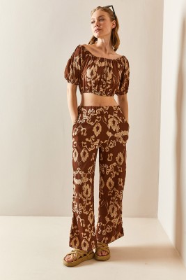 XHAN - Kahverengi Desenli & Dokulu Crop İkili Takım 3YXK8-47340-18