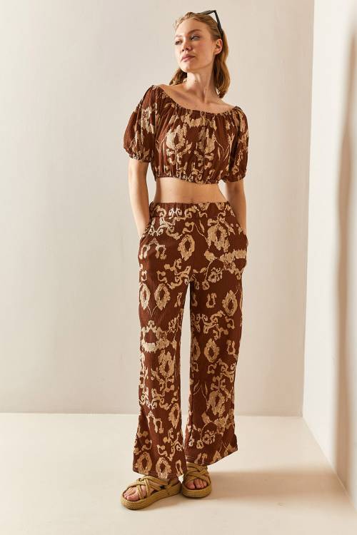 XHAN - Kahverengi Desenli & Dokulu Crop İkili Takım 3YXK8-47340-18