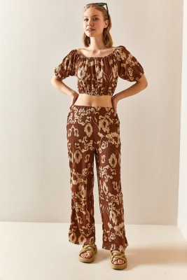 Kahverengi Desenli & Dokulu Crop İkili Takım 3YXK8-47340-18 - 2