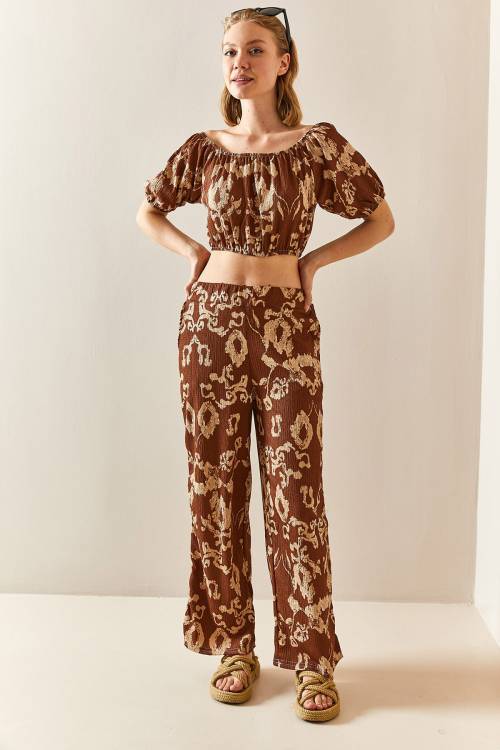 Kahverengi Desenli & Dokulu Crop İkili Takım 3YXK8-47340-18 - 2