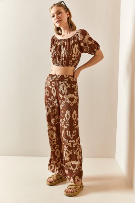Kahverengi Desenli & Dokulu Crop İkili Takım 3YXK8-47340-18 - 3